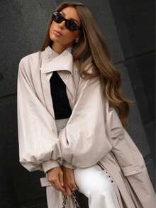 Women's Solid Color Lantern Sleeve Loose Button Pocket Trench Coat Jacket - Apricot - View 7