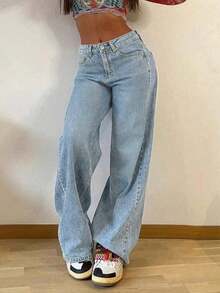 Women's Oversized Straight-Leg Vintage Jeans Casual Spring Fall - Light Wash - View 2