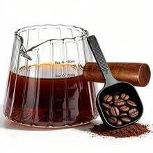 Espresso Cup With Wooden Handle And Coffee Spoon, 6oz/180ml Single Spout Milk Frothing Pitcher With Clear Scale, Heat-Resistant, Suitable For Coffee, Milk, Tea, Syrup, Espresso Accessories - Multicolor - View 1