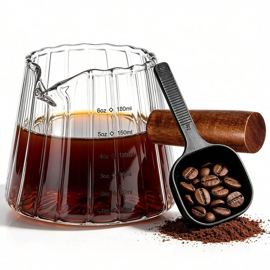 Espresso Cup With Wooden Handle And Coffee Spoon, 6oz/180ml Single Spout Milk Frothing Pitcher With Clear Scale, Heat-Resistant, Suitable For Coffee, Milk, Tea, Syrup, Espresso Accessories - Multicolor - View 1