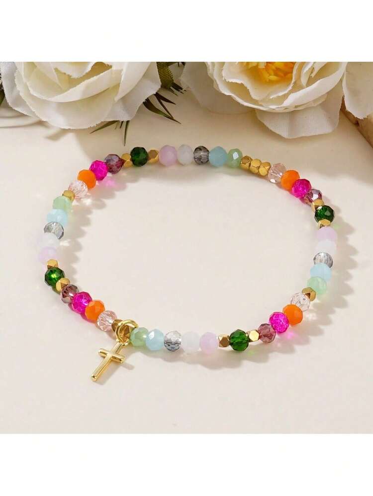 1PC Summer Fashion Minimalist Cross Square Iron Ore Colorful Crystal Beaded Bracelet, Exquisite Gift For Women And Girls, Easter Gift With Blessing Card - Multicolor - View 4