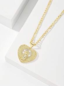 1PC European & American Classic Style Copper Inlaid Zirconia Suitable For Layering Vintage Gold Heart-Shaped Our Lady Of Guadalupe/Virgin Mary Guardian Light Limited Edition Necklace, Suitable For Christmas/Thanksgiving/Halloween/Mother's Day/Valentine's Day Couples/Friends/Fellow Believers Gift, Catholic First Communion, Gift, Daily & Holiday Wear Prayer - Yellow Gold - View 5