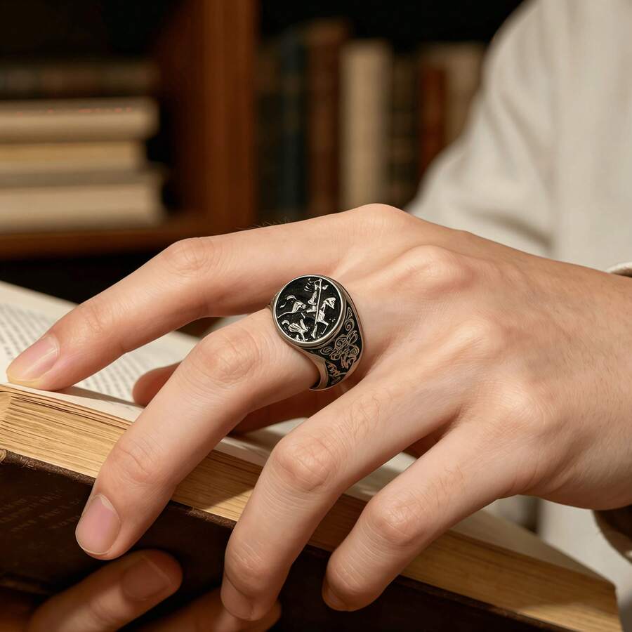 1pc St. George Dragon Slayer 316L Stainless Steel Ring, Vintage Celtic Knot Engraved Men's Ring, Non-Fading - St. George Dragon Slayer Men's Ring - View 1