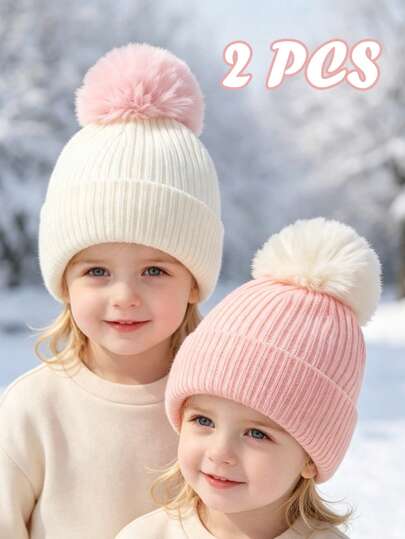 2pcs Newborn Toddler Baby Girl Beanie Hat Cozy Knit Winter Warm Cute Kids Bonnet Hat Baby Needs Essentials Accessories
