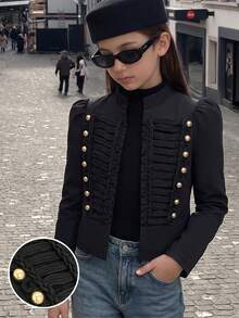 Teen Girls Winter Black Military Style Frog Button Vintage Design Short Jacket Fashion Streetwear Casual Versatile Outerwear - Black - View 3