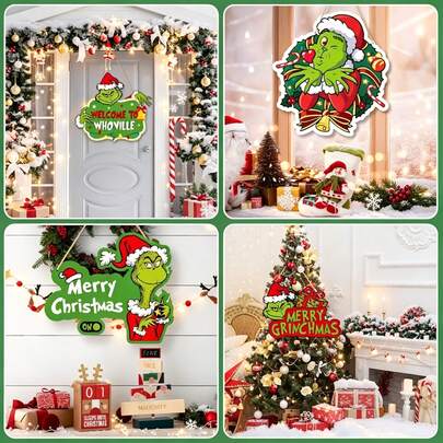 The Grinch Christmas Door Hanger Sign, Welcome To Whoville Front Door Wall Hanging Ornament, Merry Grinchmas Wooden Sign For Home Porch Xmas Holiday Decor