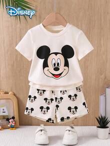 Disney 男嬰 T-shirt 套裝，夏季迪士尼韓系活力寬鬆圓領米色米奇圖案短袖 + 全印花米奇短褲，休閒日常外出度假派對穿搭，適合 3 歲以下男孩 - 杏色 - 查看 1