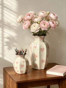 Cream White Ceramic Vase, Pink Heart Pattern Decorative Vase, Glazed Floral Vase And Pen Holder, Suitable For Bedroom, Children's Room Aesthetic Desktop Centerpiece - View 7