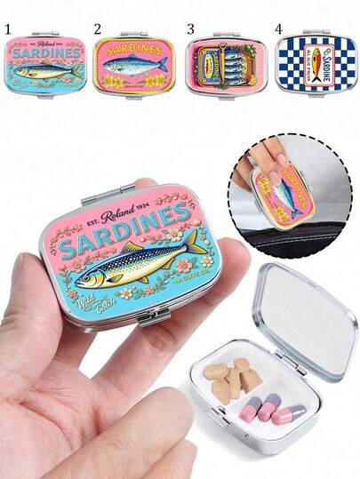 Canned Sardine Square Pill Box, Portable Medication Storage Compartment, Mini Metal Storage Box, Portable Jewelry And Pill Box, Travel Pill Box, Large Compartment, Weekly Medication Organizer, Suitable For Daily Medication And Vitamins, Essential For Doctors And Nurses, Emergency Needs, Travel, Hiking Emergency Rescue, Personalized Creative Gift With Cartoon Logo, Unique Gift