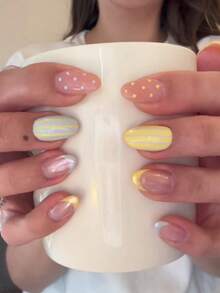 30pcs Short Oval Polka Dot French Nail Art Design Fake Nails Set, Includes 1 Double-Sided Adhesive And 1 Nail File, Short Polka Dot Nails Perfect For Parties, Dancing And Daily Wear - Multicolor - View 8