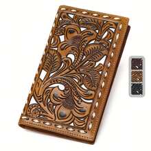 Vintage Genuine Leather Wallet For Women Western Cowgirl Floral Embossed Top Layer Cow Leather 13 Card Slot Checkbook Wallet - Black - View 1