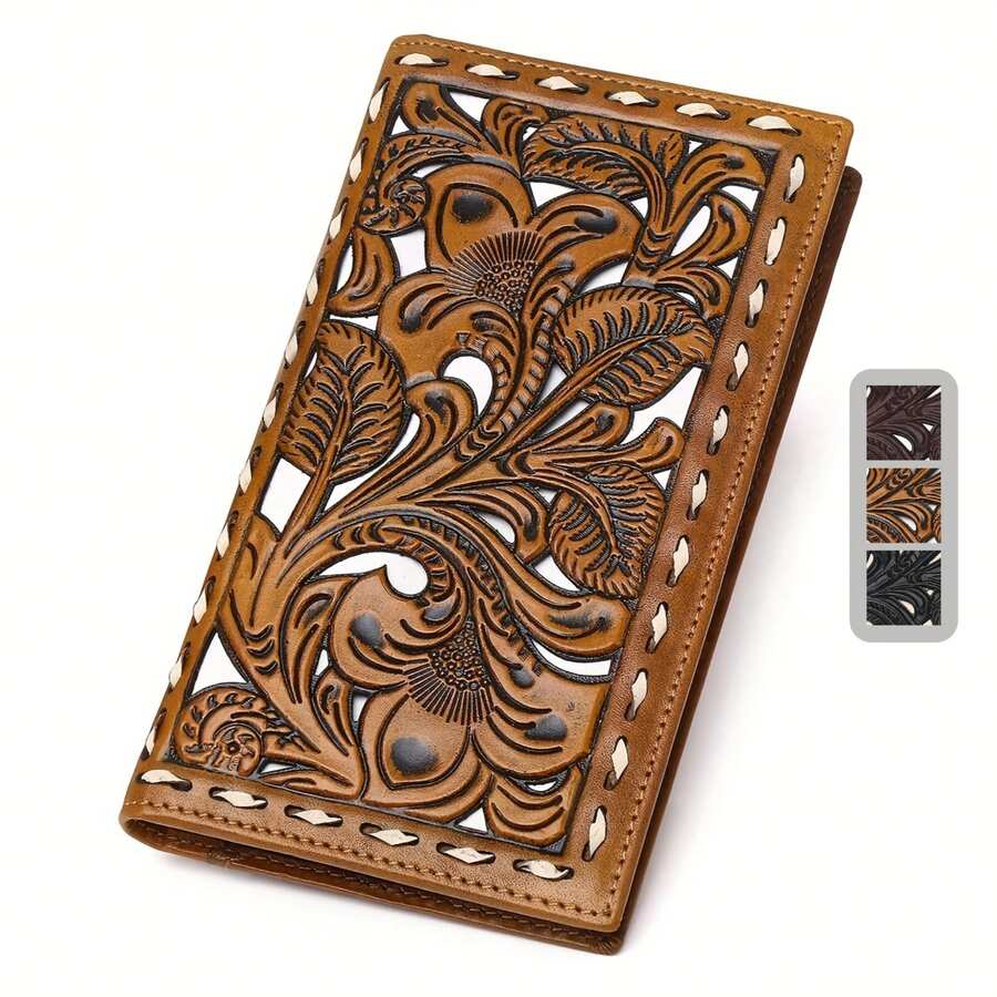 Vintage Genuine Leather Wallet For Women Western Cowgirl Floral Embossed Top Layer Cow Leather 13 Card Slot Checkbook Wallet - Black - View 1