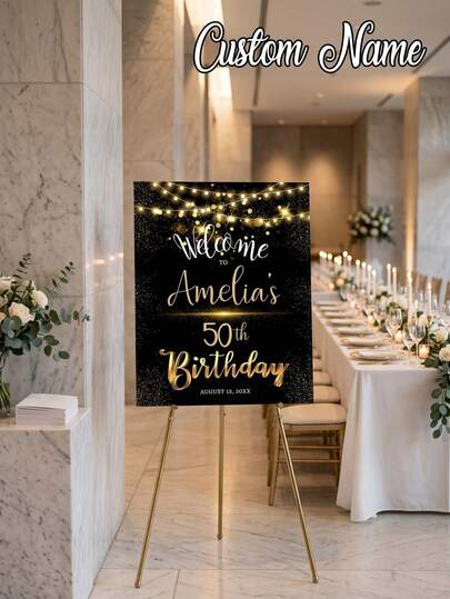 1pc Customized Black & Gold Birthday Poster, Black & Gold Birthday Welcome Sign, 40th Birthday Welcome Sign, Birthday Party Decoration (Black & Gold), 60th Birthday, 70th Birthday, Suitable For Any Age, Adult Use, Men & Women Birthday Party, Gold & Black Balloons