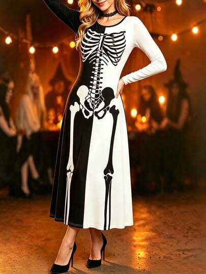 Women's Halloween Costume Print Long Sleeve Casual Colorblock Dress - Mysterious Skeleton Pattern Conservative Minimalist Basic Halloween Dress, Black And White Dual Color, Suitable For Theme Halloween Party/Carnival Night/Unique Design Matching, Dark Theme Event Holiday Outfit Dress