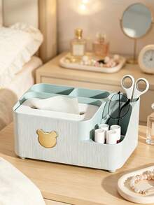 1pc Multifunctional Plastic Tissue Box With Side Storage Compartments, Cute Bear Decor Napkin Dispenser Holder For Remote Controls Small Items, Desktop Tissue Organizer For Coffee Table Living Room Bedroom Dorm Home Decoration - Multicolor - View 5