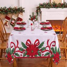 1pc Christmas Poinsettia Holly Leaf Snowflake Print Rectangular Tablecloth, Suitable For Holiday, Party, Birthday, Dinner, Restaurant Table Decor, Christmas Home Autumn/Winter Decoration - Multicolor - View 2