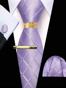 5Pcs Men Purple Plaid Tie Pocket Square Cufflinks Ring Tie Clip Set, Random Cufflink Pattern, Suit Accessories For Wedding - Purple - View 1