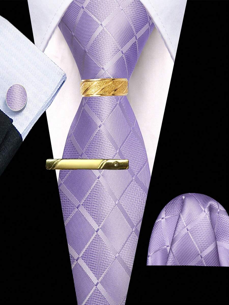 5Pcs Men Purple Plaid Tie Pocket Square Cufflinks Ring Tie Clip Set, Random Cufflink Pattern, Suit Accessories For Wedding - Purple - View 1
