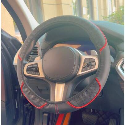 1 pieza Funda de volante deportivo de cuero con costuras rojas de moda, accesorio para el interior del coche