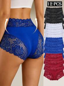 12pcs Women's High Waist Comfortable Lace Patchwork Panties, Elegant Style Triangle Briefs - Multicolor - View 2