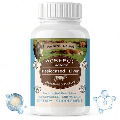 Taoters Grass Fed Desiccated Beef Liver Capsules, Undefatted Liver Powder 1000mg Per Serving, Natural Vitamins & Minerals Support, Pasture Raised Cattle Dietary Supplement, 120 Count