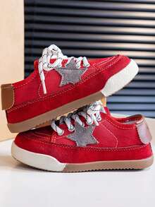 Kids Star Decor Canvas Lace-Up Soft Sole Anti-Slip School Casual Versatile Shoes - Red - View 4