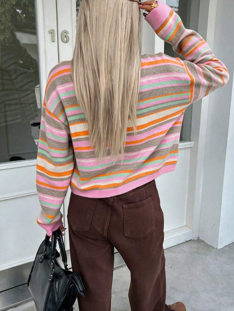 FOR BEAUTY Fall Winter Y2K Elegant Pink Striped Crew Neck Button Up Loose Knit Cardigan Sweaters Tops Women Going Out Party Vacation Outfits - Pink and Khaki Apricot - View 7