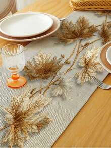 1pc 2D Flat Print Maple Leaf Branch Solid Color Table Runner, Autumn Theme Plant Table Runner, Suitable For All Seasons, Natural Minimalist Style, Non-Embroidered, 2D Printed Polyester Tablecloth - Gold - View 7
