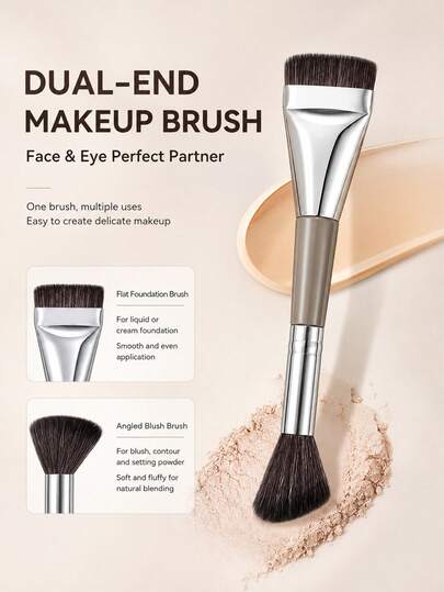 1pc Dual-Ended Makeup Brush, One End Flat Foundation Brush, Other End Angled Blush Contour Brush, Soft Synthetic Bristles, Multi-Function Face Makeup Brush