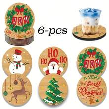 6pcs Christmas Wooden Coasters, Cartoon Christmas Element Pattern Water Cup Heat Insulation Pads, Winter Home Desktop Decoration, Creative Christmas Gift - Multi-color LDX2547 - View 2