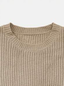 Women's Round Neck Ribbed Solid Color Casual Top + Elastic Drawstring Pencil Pants, Knit Pants 2 Pieces Set, Comfortable Winter Daily Outfit - Khaki - View 5