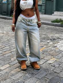 Women's Vacation Style Y2K Washed Distressed Wide Leg Jeans Casual Spring Fall - Light Wash - View 5
