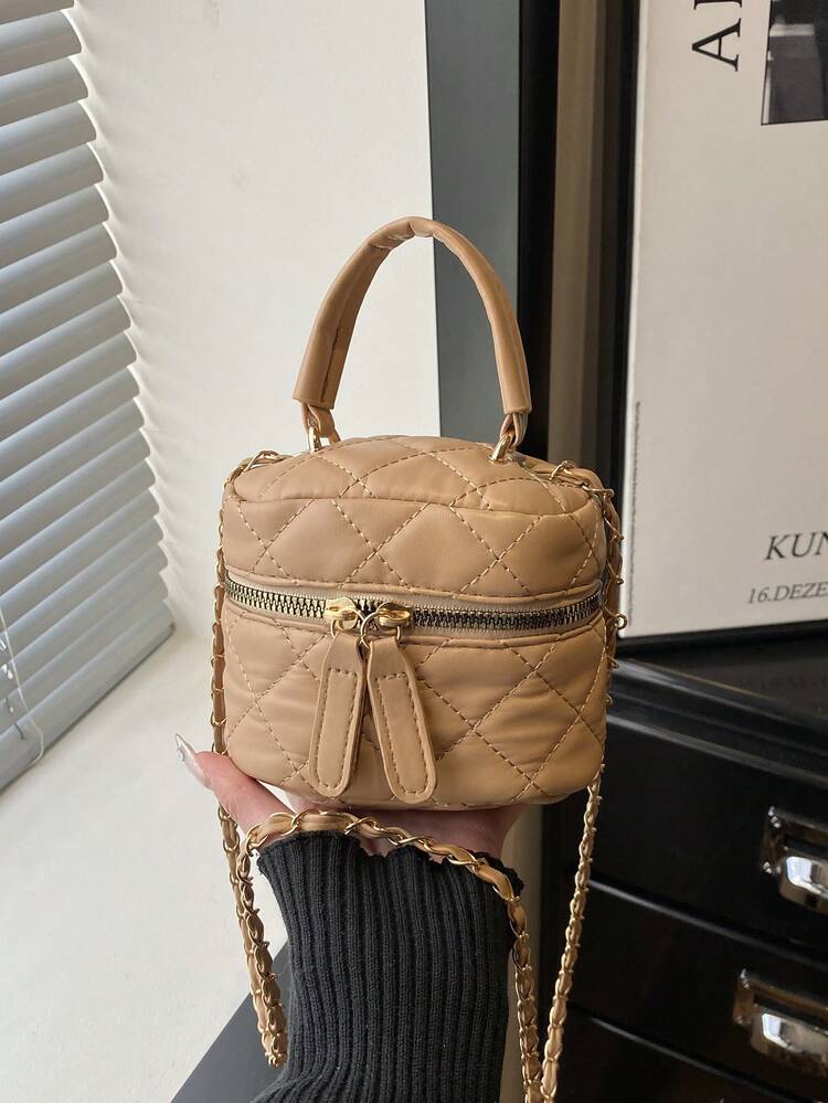 Khaki Diamond Quilted Chain Small Square Bag, Mini Handheld Makeup Bag, Versatile Crossbody Bag With Heart Pendant, Commuter Handbag - Khaki - View 6