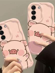 1pc Creamy Big Wave Ins Shockproof Anti-Drop Protective Phone Case, Cute Peeking Pig Phone Shell, Cartoon High Pink Pig Star Print Soft TPU Shockproof Protective Phone Case, Compatible With Android Devices Anti-Drop Protective Shell Compatible With Samsung, Series Phones - White - View 4