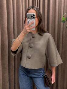 Women's Elegant Mid-Sleeve Knit Cardigan, Autumn Style - Camel - View 6