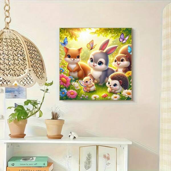 1PC, 2D DIY Diamond Painting Kit, Cute Forest Animal Theme With Adorable Rabbit, Squirrel, Hedgehog, Butterfly Cartoon Patterns, Round Acrylic Material, Suitable For Home Decor, Perfect Holiday Gift For Family And Friends, Multiple Sizes Available, Unframed