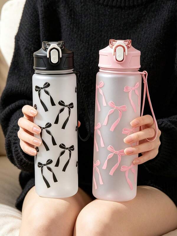 800ml Cute Bow Print Frosted Plastic Water Bottle, Portable Leak-Proof Flip Lid Water Cup With Strap, Suitable For Women, Sports, Travel, Daily Use Large Capacity Water Bottle, Outdoor Garden Decor, Room Decor, Teacher Gift, Wedding Decor, Holiday Accessory, Garden, DIY, Bedroom Decor, Kitchen Decor, Dorm Essential, Storage Room, Travel Essential, Bachelorette Party Supplies, Desk Accessories, Autumn Home Decor, Home Supplies, Family Essential, Gift For Women, Gift For Men
