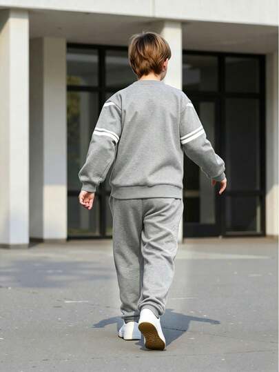 Boys Spring/Autumn Fashion Set, Thin, Minimalist Design Printed Crew Neck Top + Fashion Casual Jogger Pants, Suitable For 4-12 Years Old Boys, Outdoor, Autumn Outfit