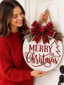 1pc Christmas Party Door Sign Decoration, Christmas Wooden Hanging Ornament, Christmas Decor, Artificial Woven Christmas Wreath, Wooden Door Wreath, Suitable For Home, Garden And Outdoor Holiday Decoration, Front Door Decor - Multicolor - View 1