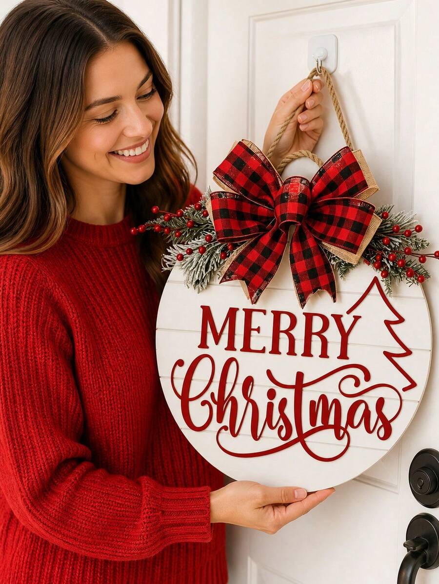 1pc Christmas Party Door Sign Decoration, Christmas Wooden Hanging Ornament, Christmas Decor, Artificial Woven Christmas Wreath, Wooden Door Wreath, Suitable For Home, Garden And Outdoor Holiday Decoration, Front Door Decor - Multicolor - View 1