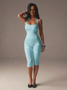 Spring Summer Autumn Sexy Halter Neck Rhinestone Backless Sleeveless Music Festival Party Vacation Date Daily Commute Women's Jumpsuit - Mint Blue - View 9
