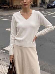 GIGOGOU 女款基礎針織套頭毛衣，柔軟舒適 V 領休閒針織上衣，極簡風格，秋冬白色 - 白色 - 查看 2