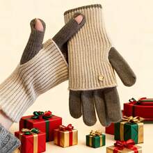 Maillard Winter Dual-Use Colorblock Knitted Gloves For Women, Woolen Fingerless Touchscreen Compatible Warm Cycling Gloves - Multicolor - View 10