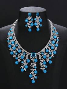 1 Set 3Pcs Fashion Grape‑Shape Copper Inlaid Zirconia Jewelry Set, Necklace & Earrings, Evening Party Accessories For Formal Gown Matching - Elegant Jewelry Set - View 8