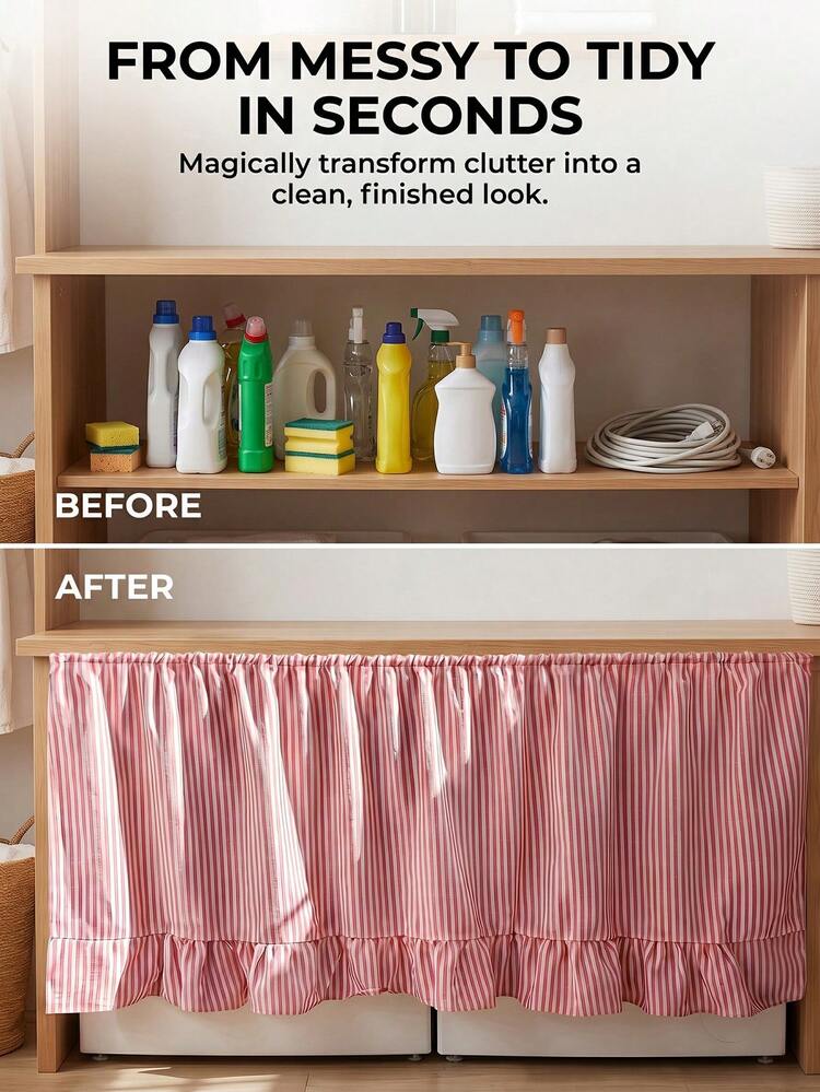 1/2pcs Red Striped Farmhouse Style Ruffle Trim Cabinet Curtains, Brown Striped Pleated Short Curtains For Bathroom, Kitchen Sink, Home, Classroom, Farmhouse, Country, Under Table Privacy, Laundry Room - Red - View 9