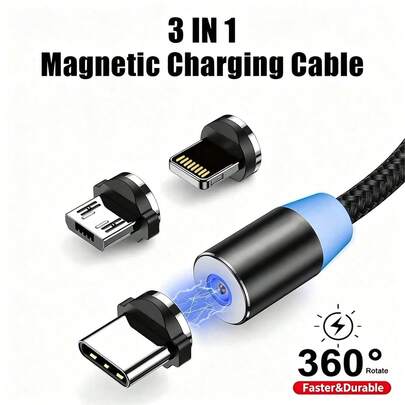 快速充电强力磁吸充电线 1条装 磁吸充电线 USB转Type-C + Lightning + Micro USB 3.3英尺/100厘米 兼容 /// 妇女节礼物