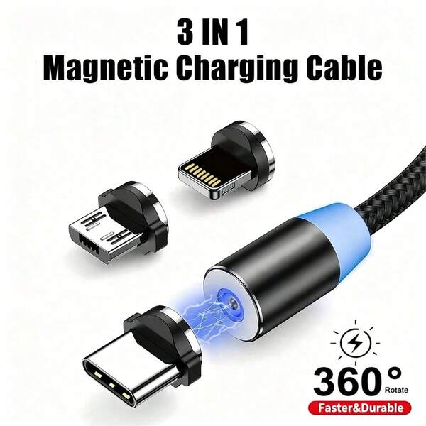 快速充电强力磁吸充电线 1条装 磁吸充电线 USB转Type-C + Lightning + Micro USB 3.3英尺/100厘米 兼容 /// 妇女节礼物