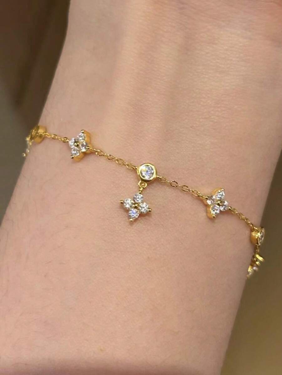 1 buah Gelang Daun Semanggi Dua Lapis Dinamis Modis untuk Anak Perempuan, Sederhana, Serbaguna, Personal dan Segar - Emas - View 1