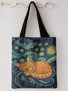 1pc Cat Print Shoulder Tote,Large Capacity For Books,Groceries & Daily Beach Travel School Use.For Students & Women,Great Daily Bag Or Gift - Multicolor - View 9