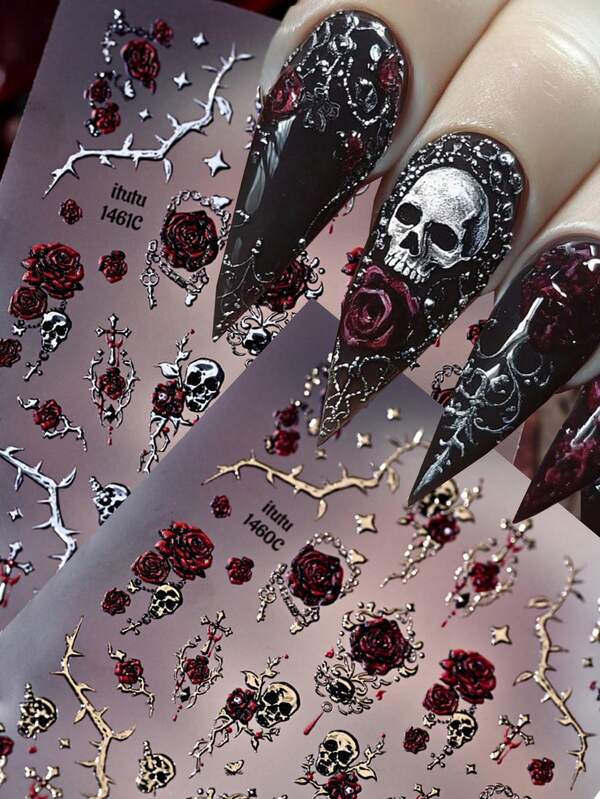 2/1pc Romantic Crimson Gothic Rose Skull Nail Stickers, 5D Embossed Gold Sliver Skull Red Rose Thorn Cross Pattern Nail Decals,Self‑Adhesive Dark Punk Halloween Manicure Accessories Decorations